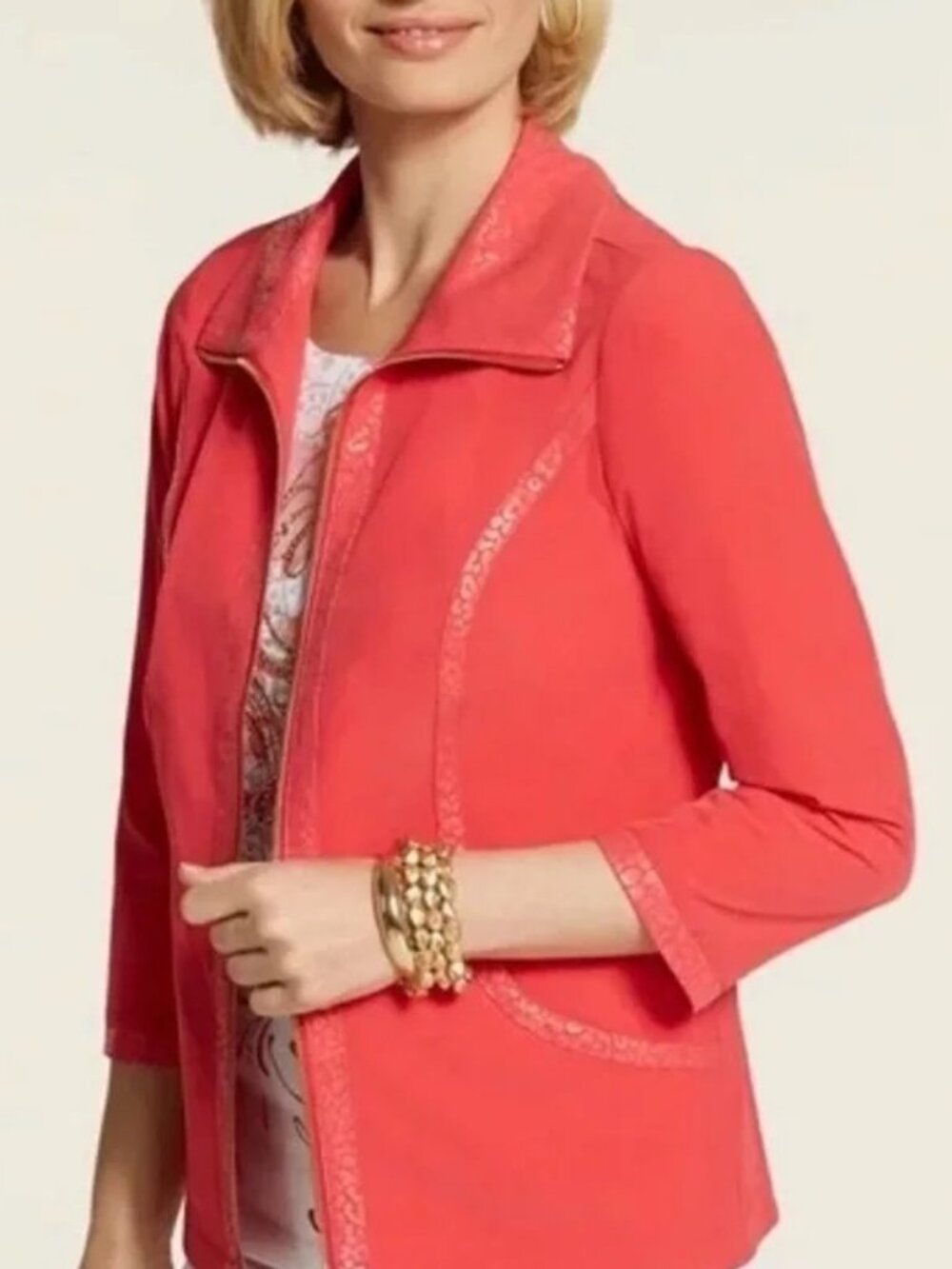 Zenergy Neema 2 L Embossed Trim Jacket Mai Tai Coral Red Chicos Excellent EUC